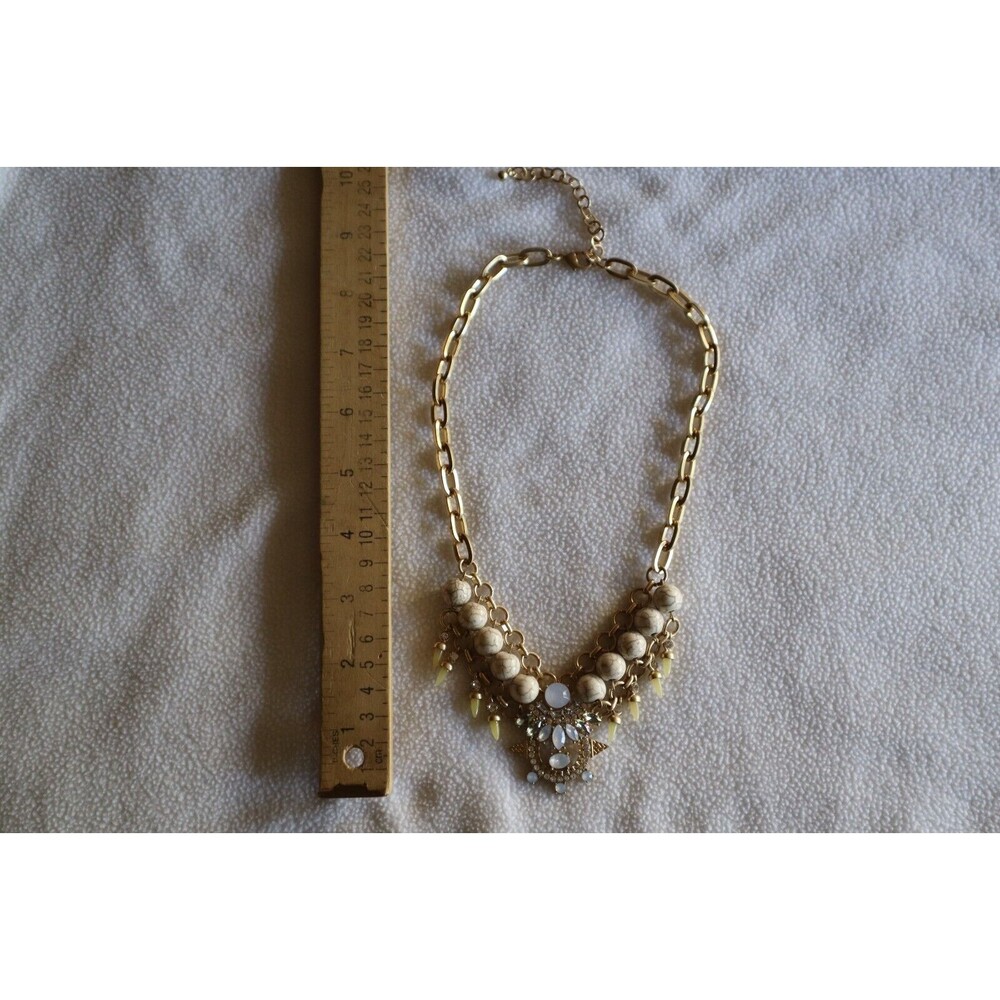 Gold Tone Chain Link Bead Necklace White Marbled Faux Howlite Rhinestone AB 17"+ - Picture 4 of 10